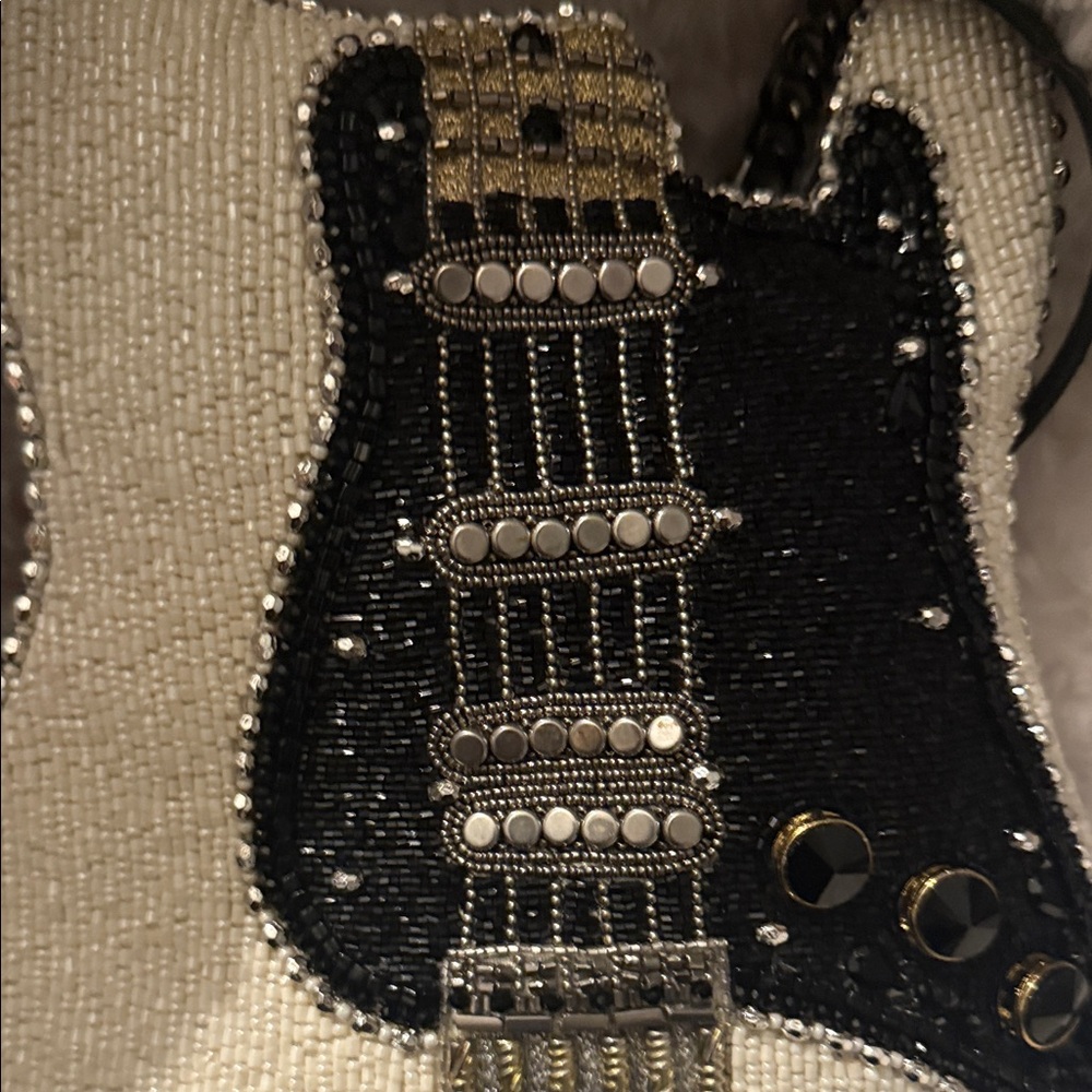 NWT! Mary Frances Beaded Guitar-Shaped Crossbody Bag - Ivory, Black & Gold - Picture 6 of 8